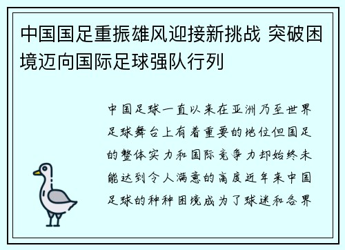 中国国足重振雄风迎接新挑战 突破困境迈向国际足球强队行列